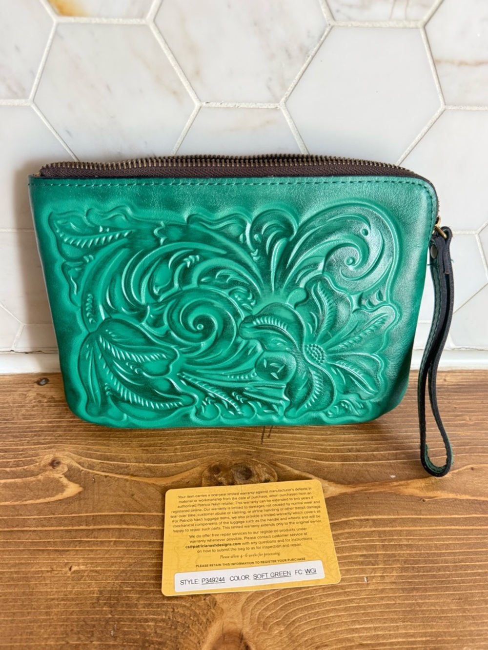 Patricia Nash Green Tooled Leather Wristlet